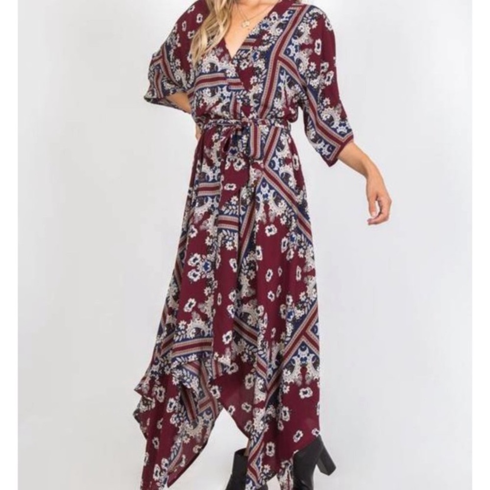 Lulu’s Boho Babe Floral Handkerchief Hem Maxi  Belted Dress.